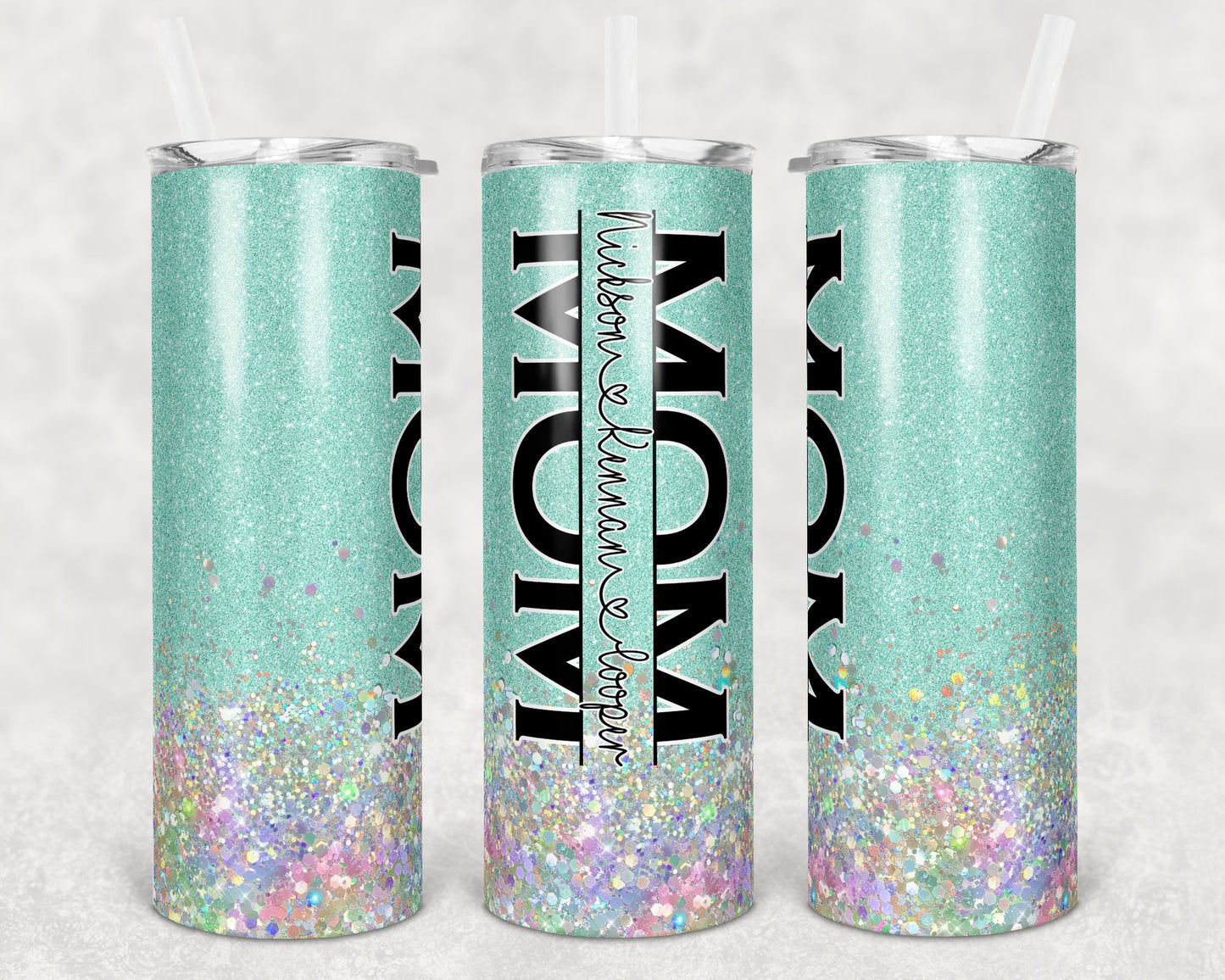 20 oz Skinny Tumbler Sublimation Design Glitter Mint Split Mom Hollographic add names Straight Warped Design tumblers