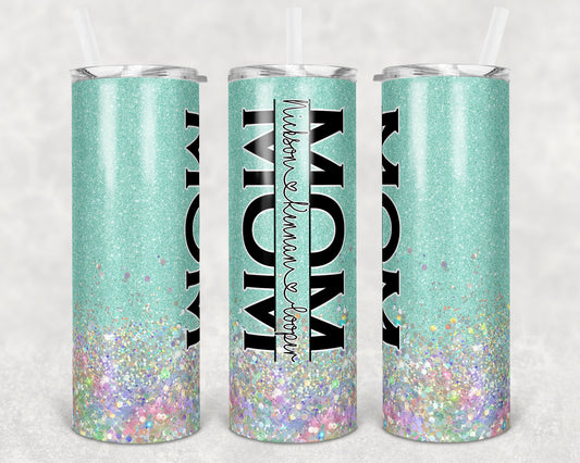 20 oz Skinny Tumbler Sublimation Design Glitter Mint Split Mom Hollographic add names Straight Warped Design tumblers