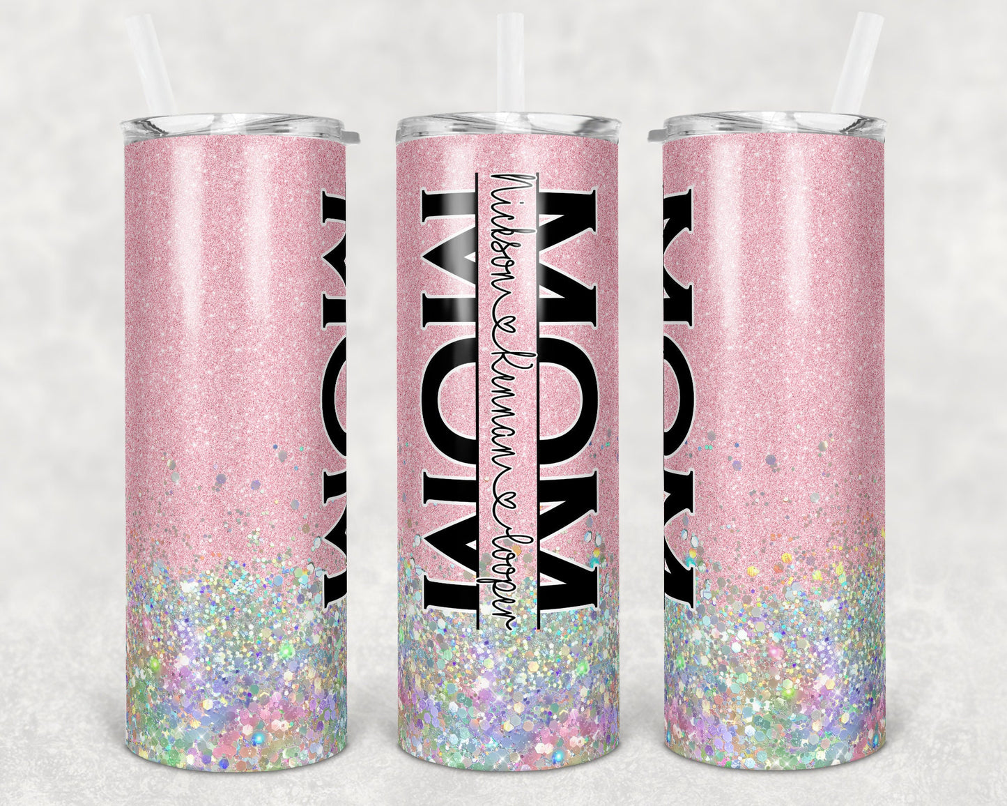 20 oz Skinny Tumbler Sublimation Design Glitter Pink Split Mom Hollographic add names Straight Warped Design tumblers