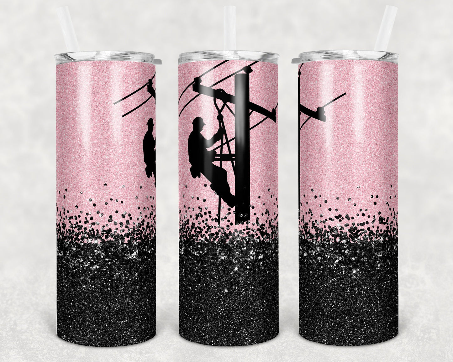 20 oz Skinny Tumbler Sublimation Design Template Pink Glitter Line Wife Lineman Design