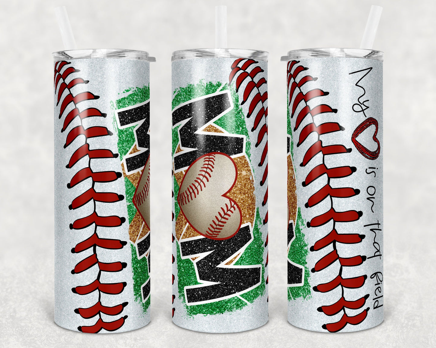 20 oz Skinny Tumbler Baseball Mom Glitter Heart on Field Laces Sublimation Design Template Design