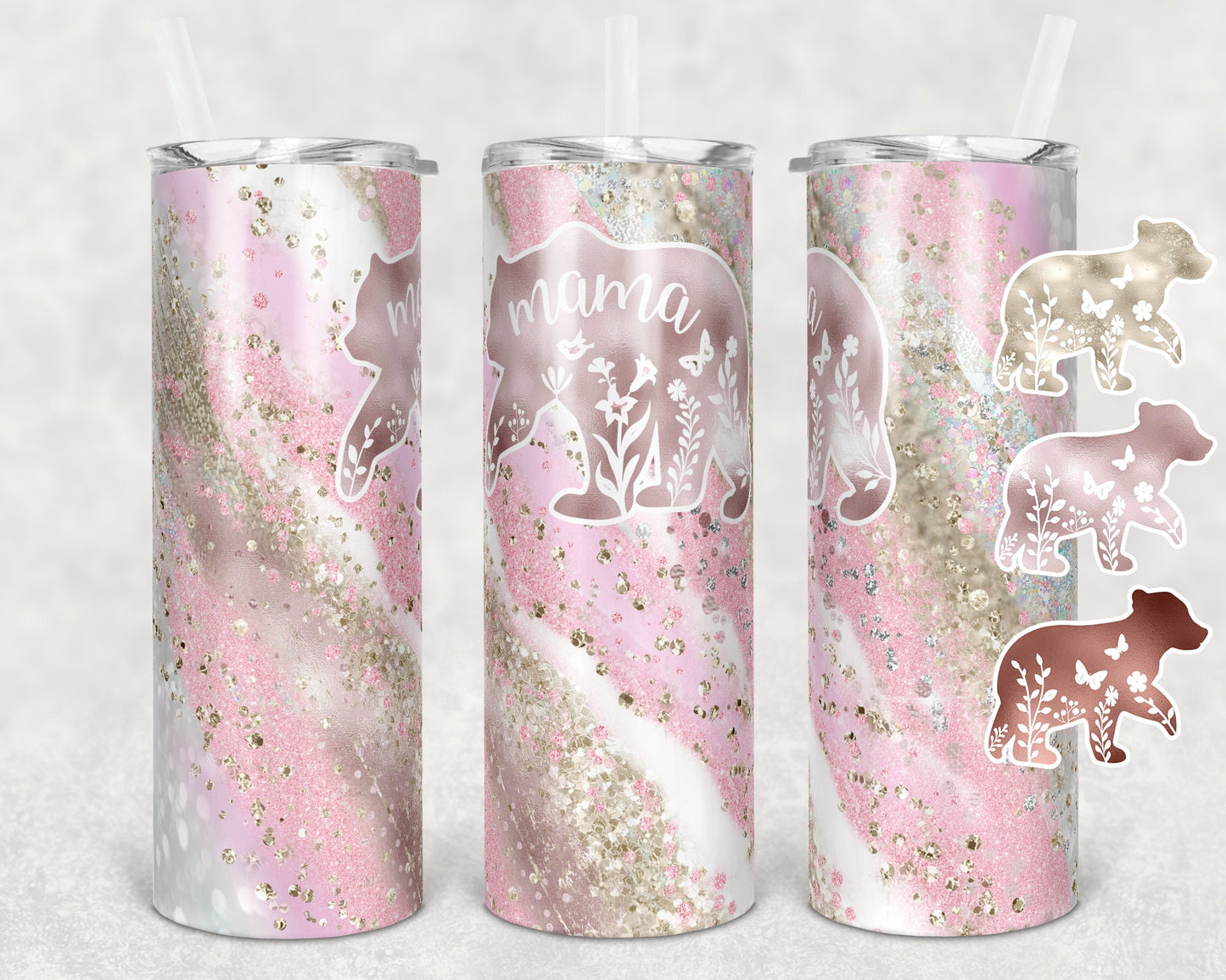 20 oz Skinny Tumbler Sublimation Design Mama Bear Milky way pinks Add Bears Glitter Mothers Day