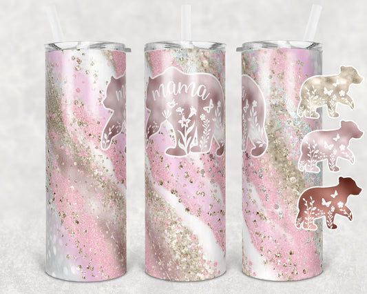 20 oz Skinny Tumbler Sublimation Design Mama Bear Milky way pinks Add Bears Glitter Mothers Day