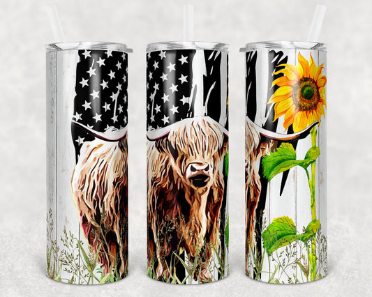20 oz Skinny Tumbler Sublimation Flag Sunflower and Highland Cow Rustic Wood Design
