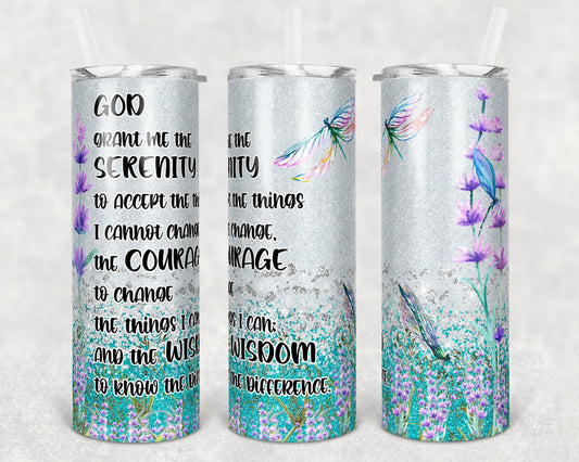 20 oz Skinny Tumbler Glitter Dragonfly Serenity Prayer Faux Glitter Sublimation Design