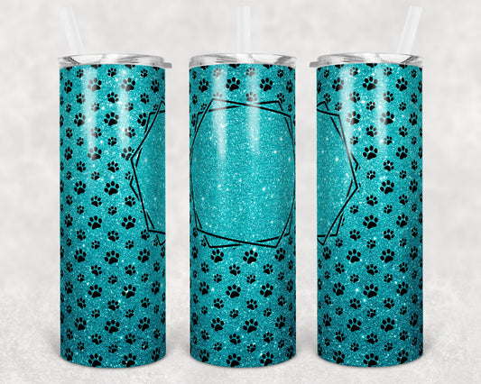 20 oz Skinny Tumbler Sublimation Teal Glitter Paw Dog Frame Add Text Personalize Template Straight Warped