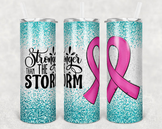 20 oz Skinny Tumbler Sublimation Glitter Pink TealCancer Awareness Straight and Warped Design