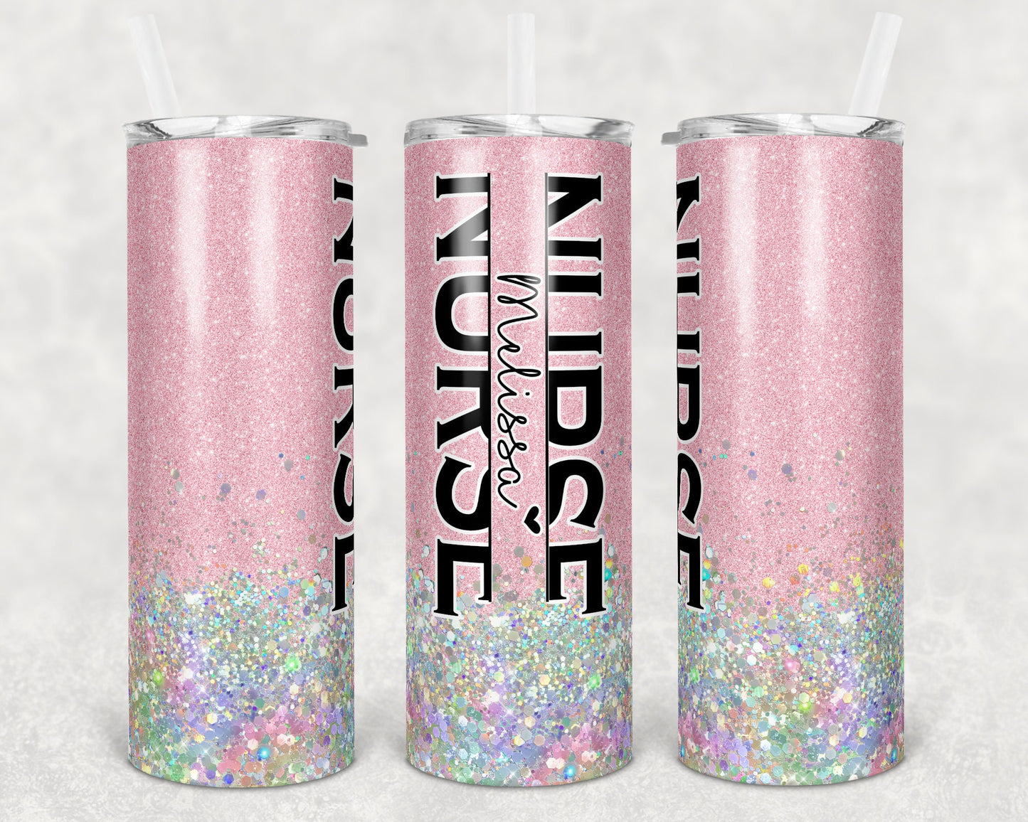 20 oz Skinny Tumbler Sublimation Design Template Pink Glitter Holographic Split Font Nurse Inst tumblers