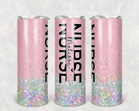 20 oz Skinny Tumbler Sublimation Design Template Pink Glitter Holographic Split Font Nurse Inst tumblers