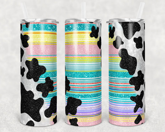 20 oz Skinny Tumbler Sublimation Glitter Cow Print Pastel Serape Design