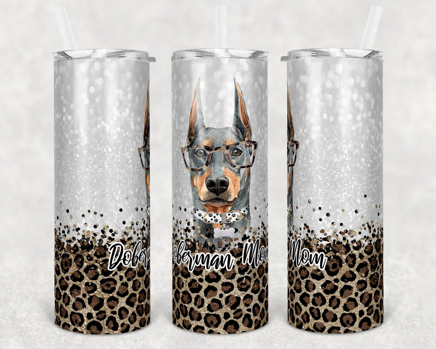 20 oz Skinny Tumbler Sublimation Doberman Dog Mom Glitter and Leopard Template Straight Warped Mothers Day Dog