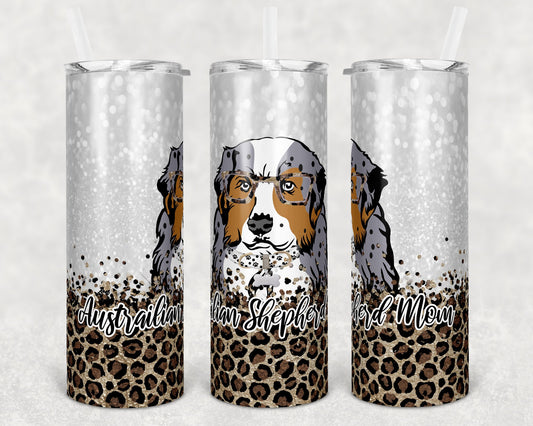 20 oz Skinny Tumbler Sublimation Austrailian Shepherd Aussie Dog Mom Glitter and Leopard Template Straight Warped