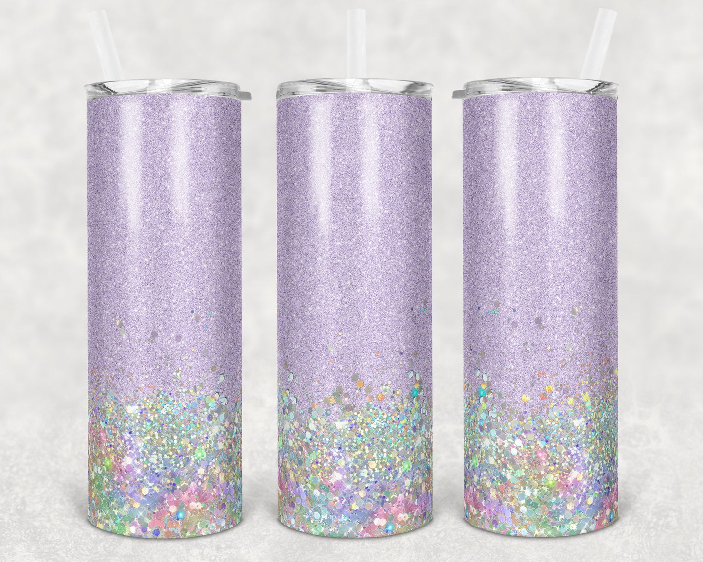 20 oz Skinny Tumbler Sublimation Design Template Glitter Lavender Purple Holographic White Straight and Warped Design