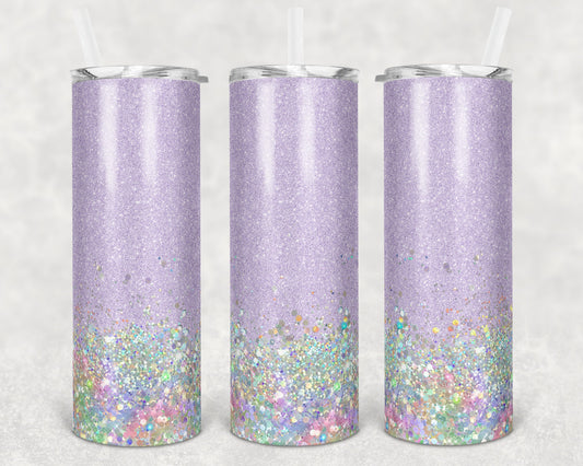 20 oz Skinny Tumbler Sublimation Design Template Glitter Lavender Purple Holographic White Straight and Warped Design