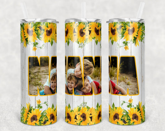 20 oz Skinny Tumbler Picture Frame Rustic Wood Sunflower Nana photoSpace Sublimation Design Mothers Day