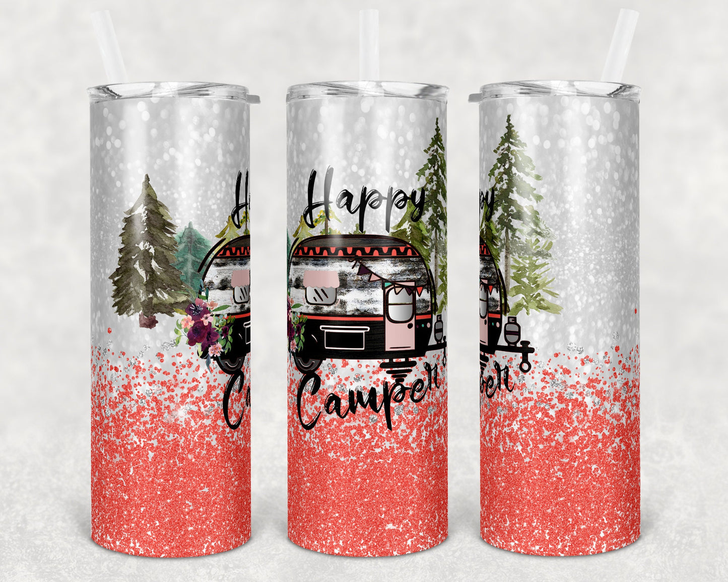 20 oz Skinny Tumbler Happy Camper Coral Glitter Trailer Sublimation Design Print Transfer