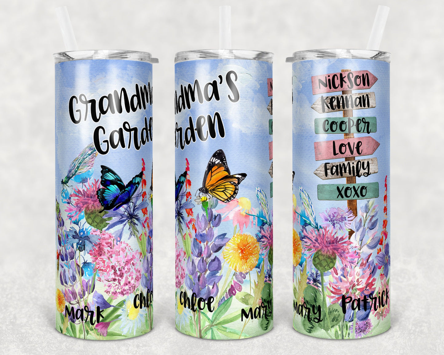 20 oz Skinny Tumbler Personalize with names Wildflower Garden with Sign Sublimation Design