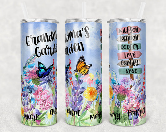 20 oz Skinny Tumbler Personalize with names Wildflower Garden with Sign Sublimation Design