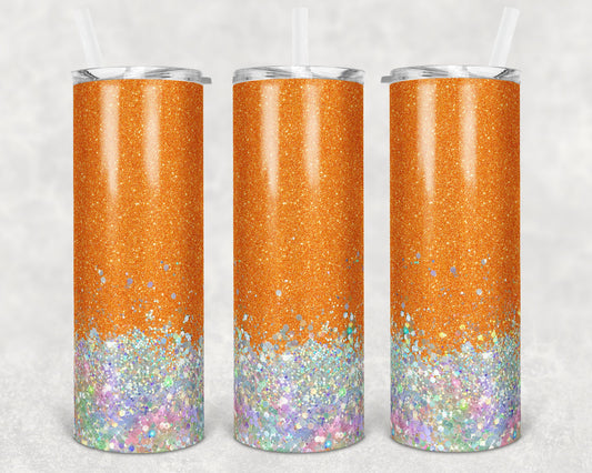 20 oz Skinny Tumbler Sublimation Design Template Glitter Orange Holographic White Straight and Warped Design