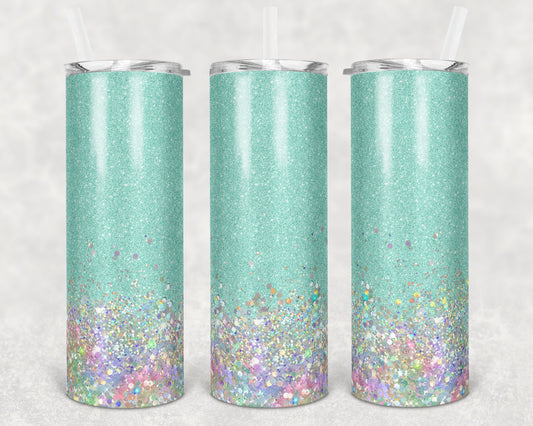 20 oz Skinny Tumbler Sublimation Design Template Glitter Mint Holographic White Straight and Warped Design