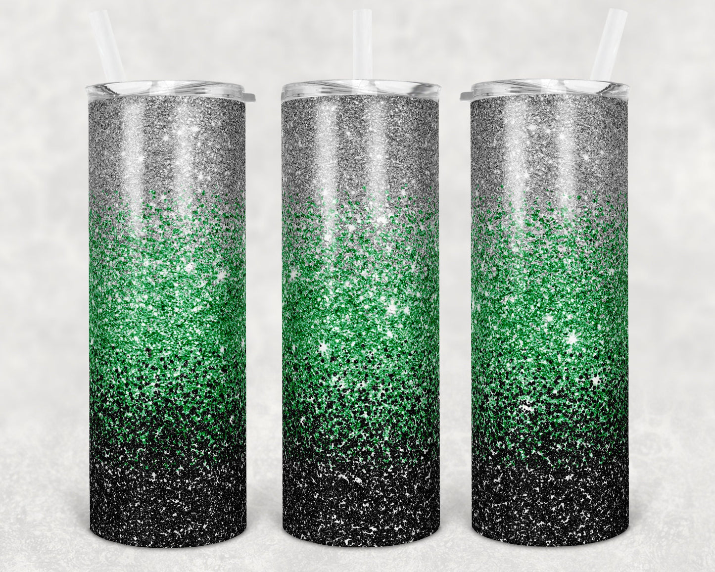 20 oz Skinny Tumbler Sublimation Design Template Glitter Ombre Silver Green Black Straight Warped Design