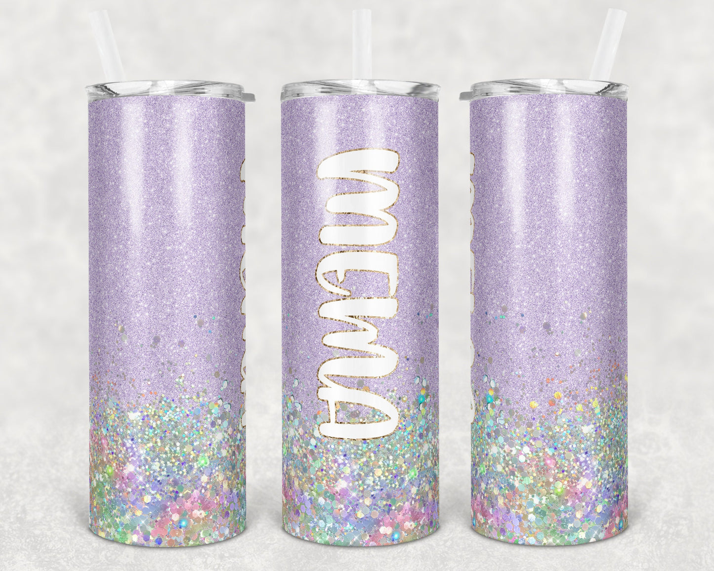 20 oz Skinny Tumbler Sublimation Design Glitter Mema Lavender Holorahpic Glitter Straight and Warped Design tumblers