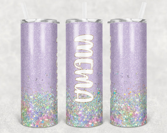 20 oz Skinny Tumbler Sublimation Design Glitter Mema Lavender Holorahpic Glitter Straight and Warped Design tumblers