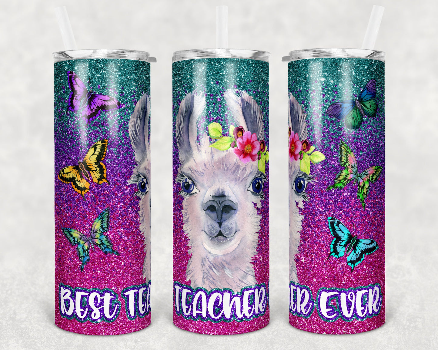 20 oz Skinny Tumbler Sublimation Glitter Ombre Llama Butterfly Design