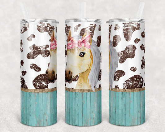 20 oz Skinny Tumbler Sublimation Cow Print Farm Animals Horse Burlap Glitter Design