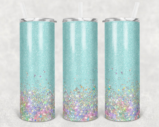 20 oz Skinny Tumbler Sublimation Design Template Glitter Light Blue Holographic White Straight and Warped Design