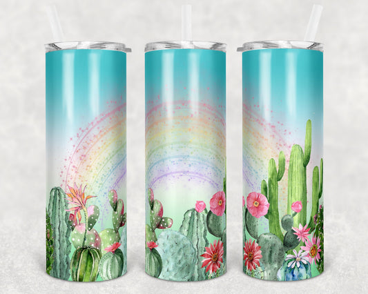 20 oz Skinny Tumbler Sublimation Soft Pastel Cactus and Rainbow Straight and Warped Design