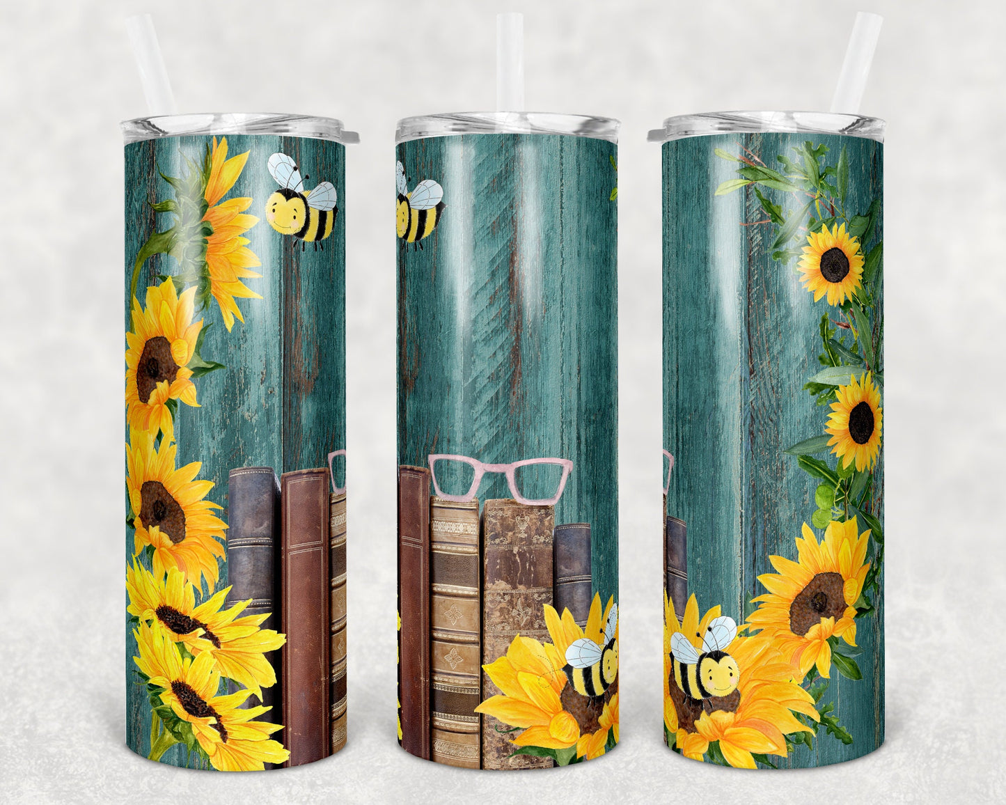 20 oz Skinny Tumbler Wood Sunflower and Bee Teal Sublimation Design Print Transfer