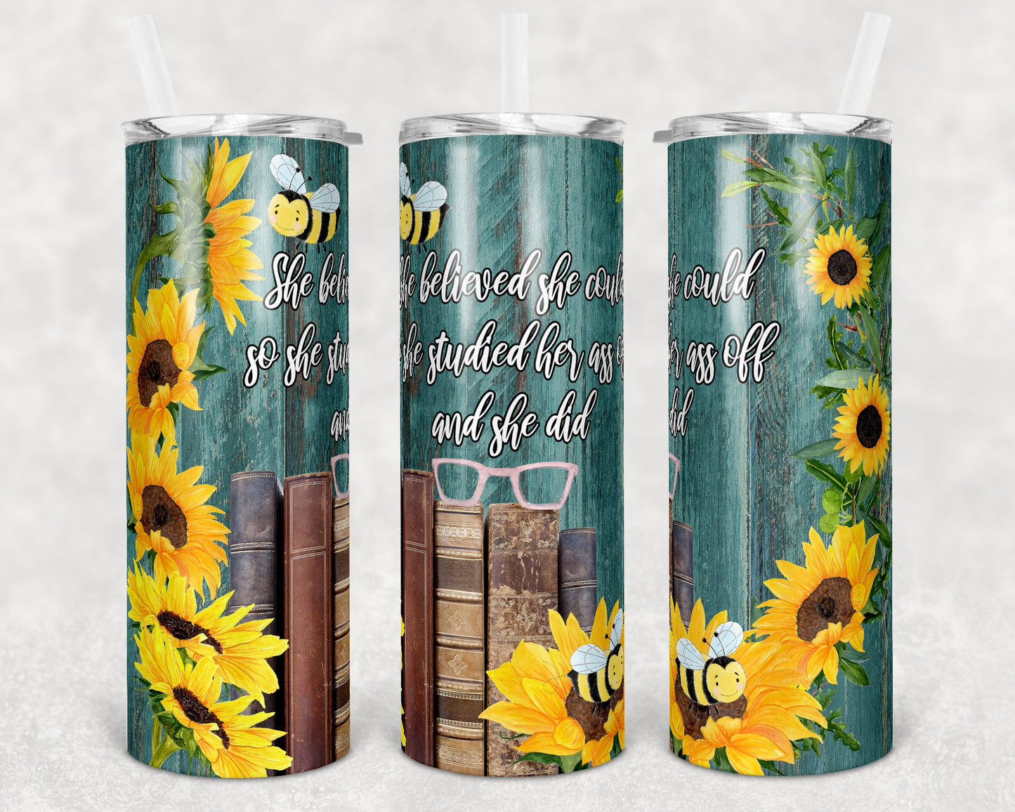 20 oz Skinny Tumbler Wood Sunflower and Bee Teal Sublimation Design Print Transfer