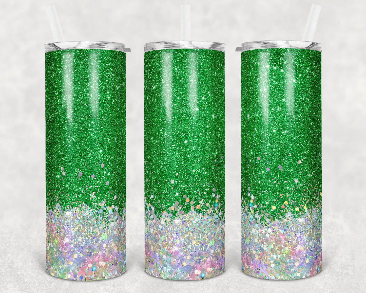 20 oz Skinny Tumbler Sublimation Design Template Glitter Green Holographic White Straight and Warped Design