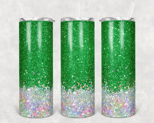 20 oz Skinny Tumbler Sublimation Design Template Glitter Green Holographic White Straight and Warped Design