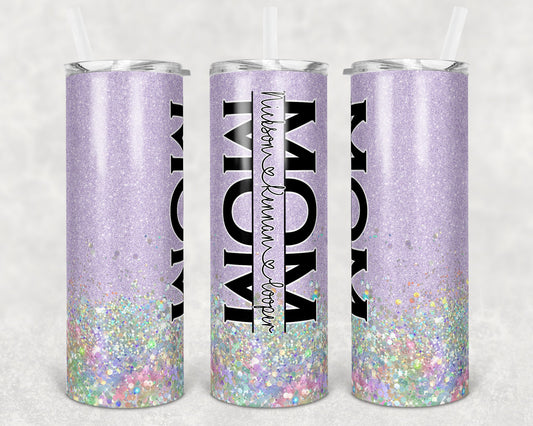 20 oz Skinny Tumbler Sublimation Design Glitter Purple Lavender Split Mom Hollographic add names Straight Warped Design
