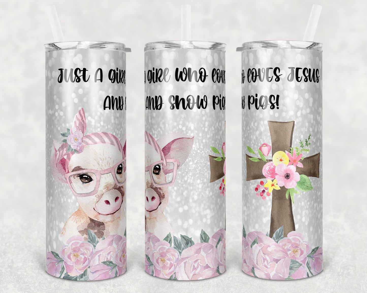20 oz Skinny Tumbler Sublimation Design Template White Glitter Pig and Jesus Straight and Warped