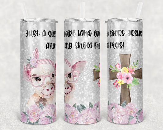 20 oz Skinny Tumbler Sublimation Design Template White Glitter Pig and Jesus Straight and Warped