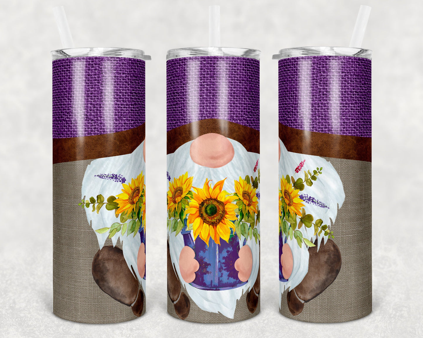 20 oz Skinny Tumbler Sublimation Sunflower Gnome Face Cute Straight and Warped Design
