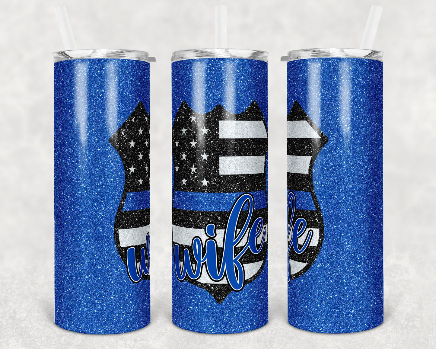 20 oz Skinny Tumbler Sublimation Design Template Glitter Blue Police Wife Flag Badge Straight and Warped Design