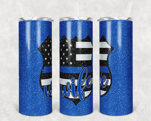 20 oz Skinny Tumbler Sublimation Design Template Glitter Blue Police Wife Flag Badge Straight and Warped Design