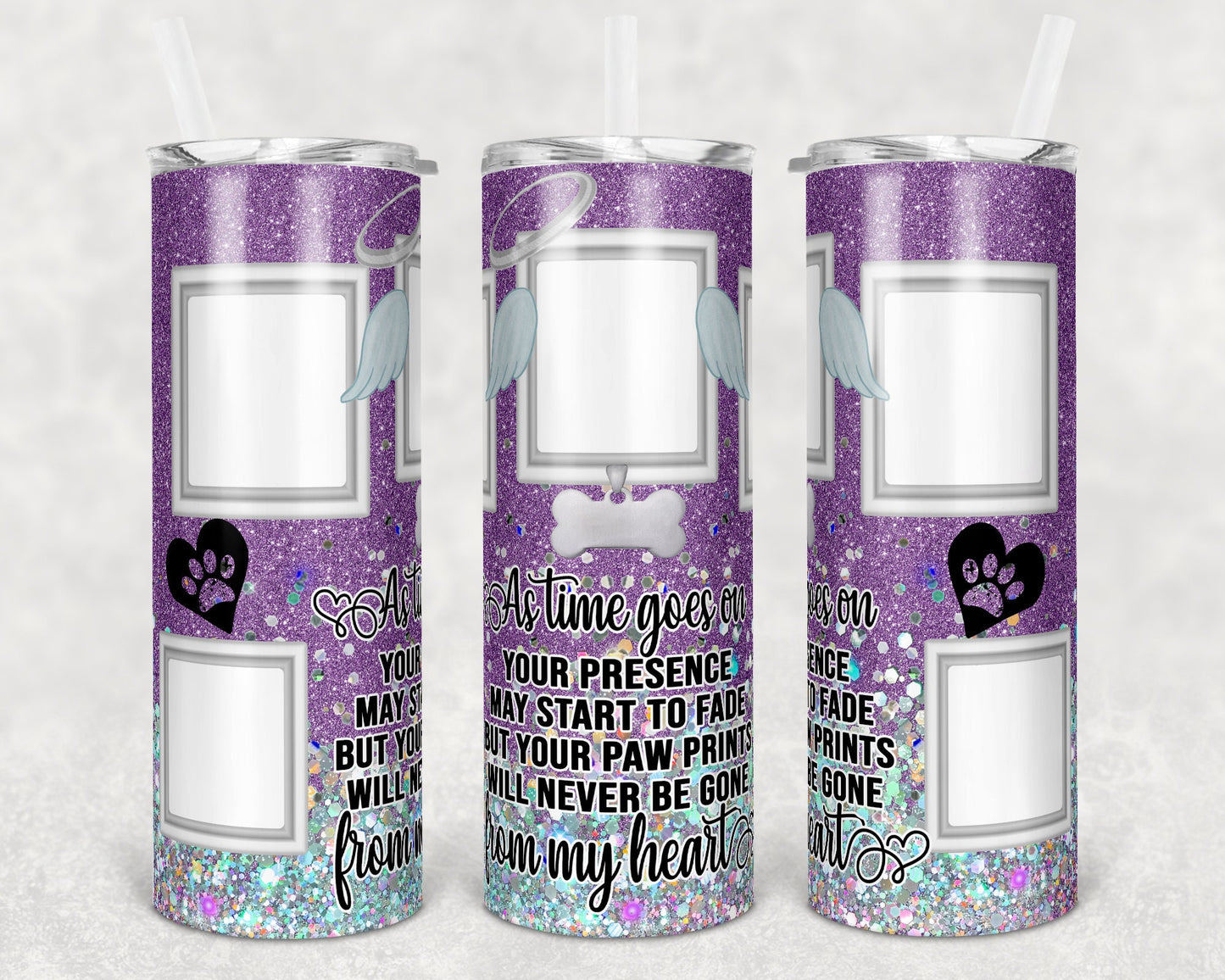 20 oz Skinny Tumbler Dog Memorial Picture Frame purple Holographic Faux Glitter Tumbler photos Sublimation Design