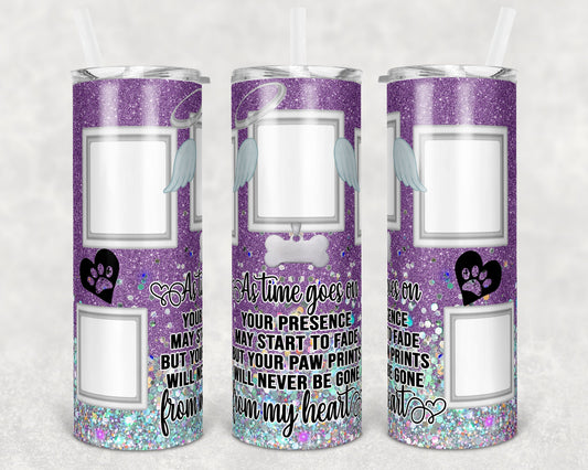 20 oz Skinny Tumbler Dog Memorial Picture Frame purple Holographic Faux Glitter Tumbler photos Sublimation Design