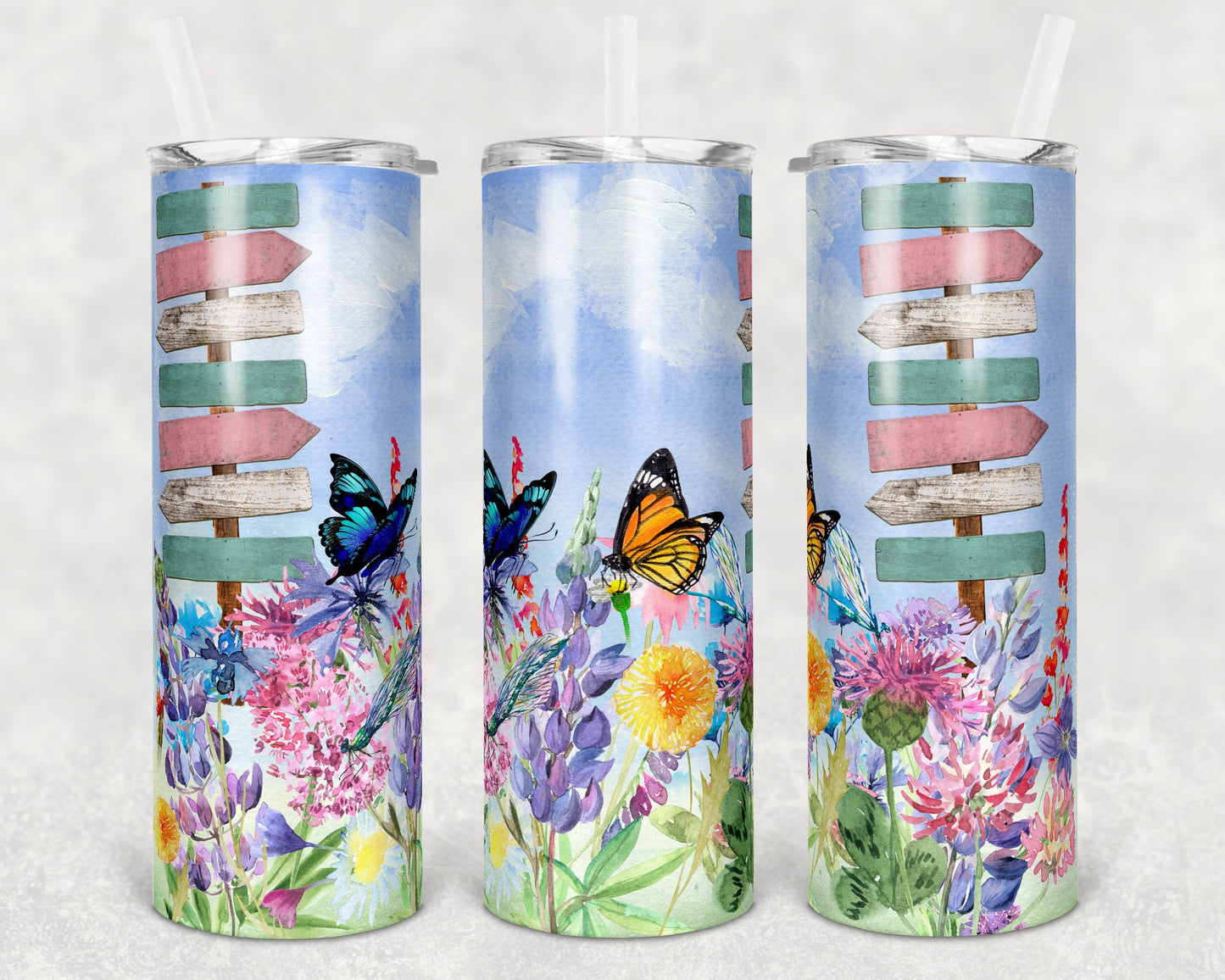 20 oz Skinny Tumbler Personalize with names Wildflower Garden with Sign Sublimation Design