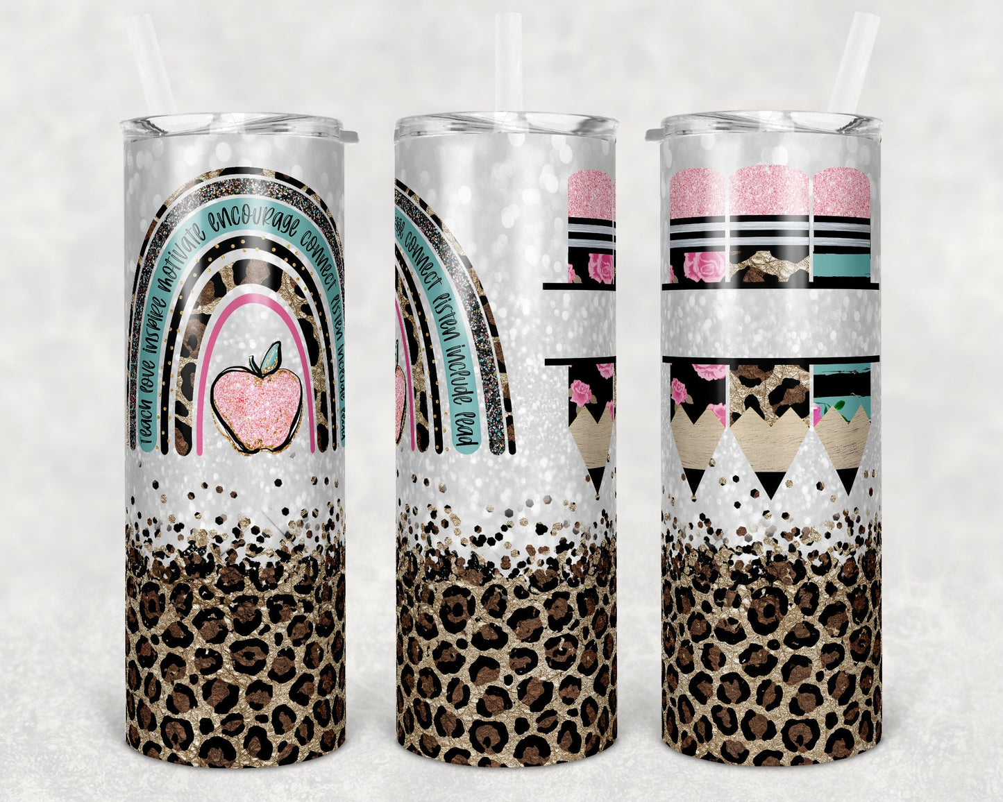 20 oz Skinny Tumbler Rainbow Leopard Glitter Teacher Tumbler Pencil Monogram Teacher Life Sublimation Design