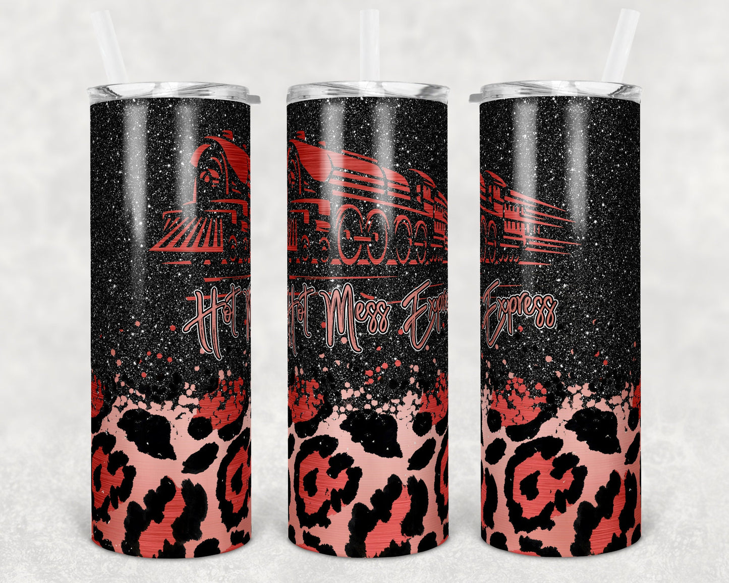 20 oz Skinny Tumbler Sublimation Design Template Hot Mess Express Red Leopard Glitter Overlay Design