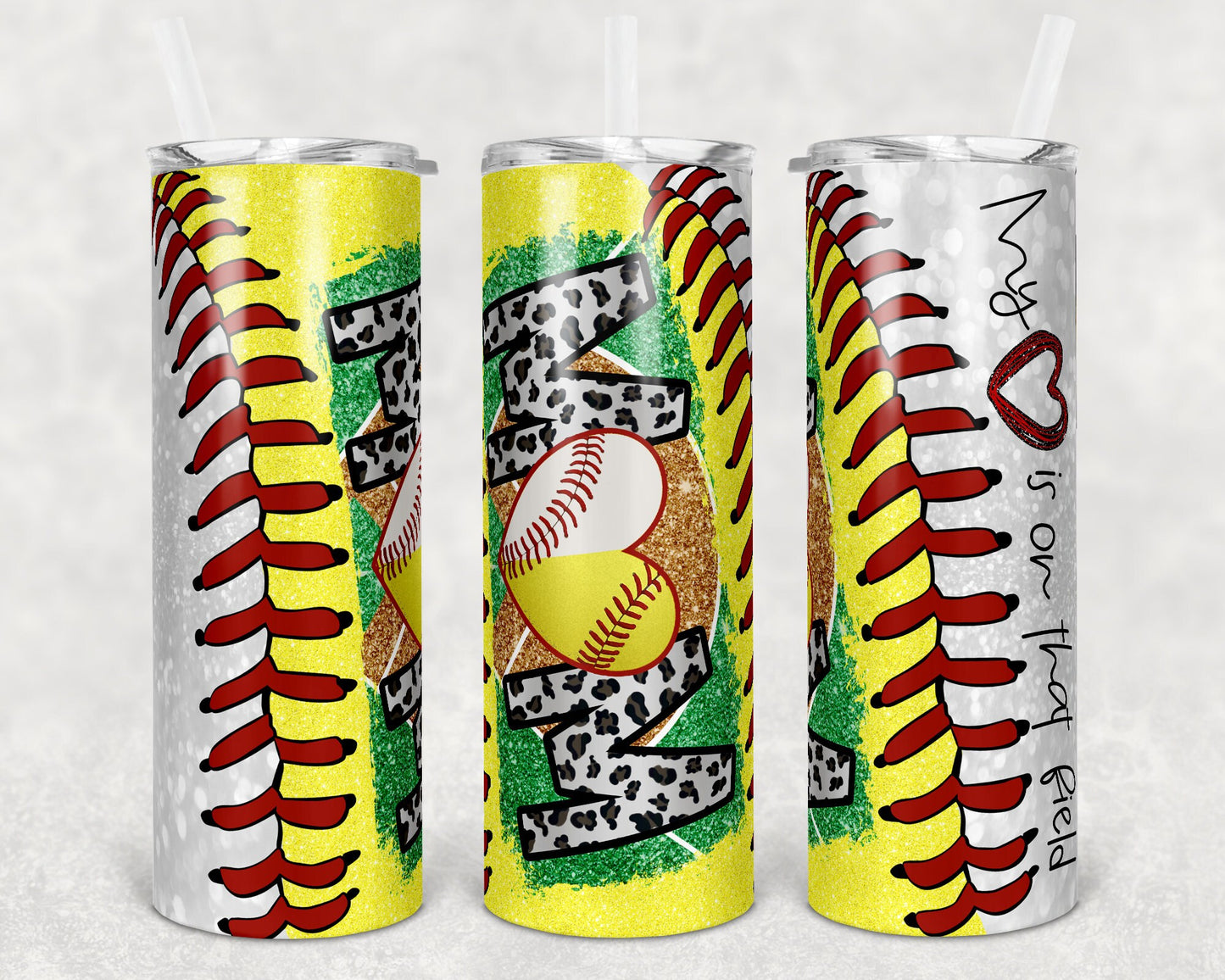 20 oz Skinny Tumbler Softball Baseball Mom Glitter Heart on Field Laces Sublimation Design