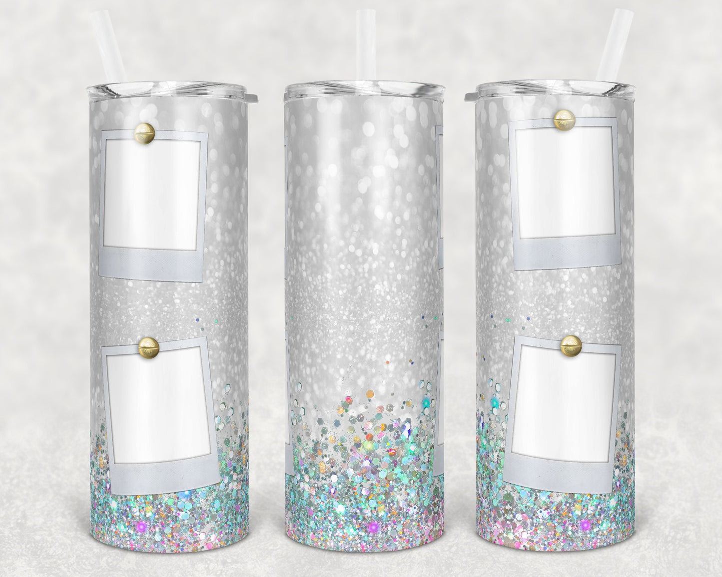 20 oz Skinny Tumbler with 4 Pictures Photo White Glitter Holographic Sublimation Design