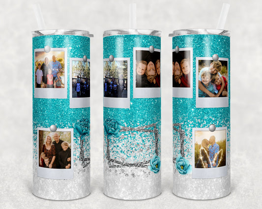 20 oz Skinny Tumbler Frame Teal White Glitter 6 Photo Picture Sublimation Design