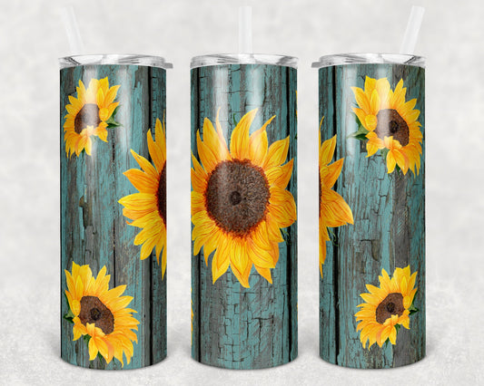 20 oz Skinny Tumbler Sunflowers Crackle Wood Teal Sublimation Design Print Transfer